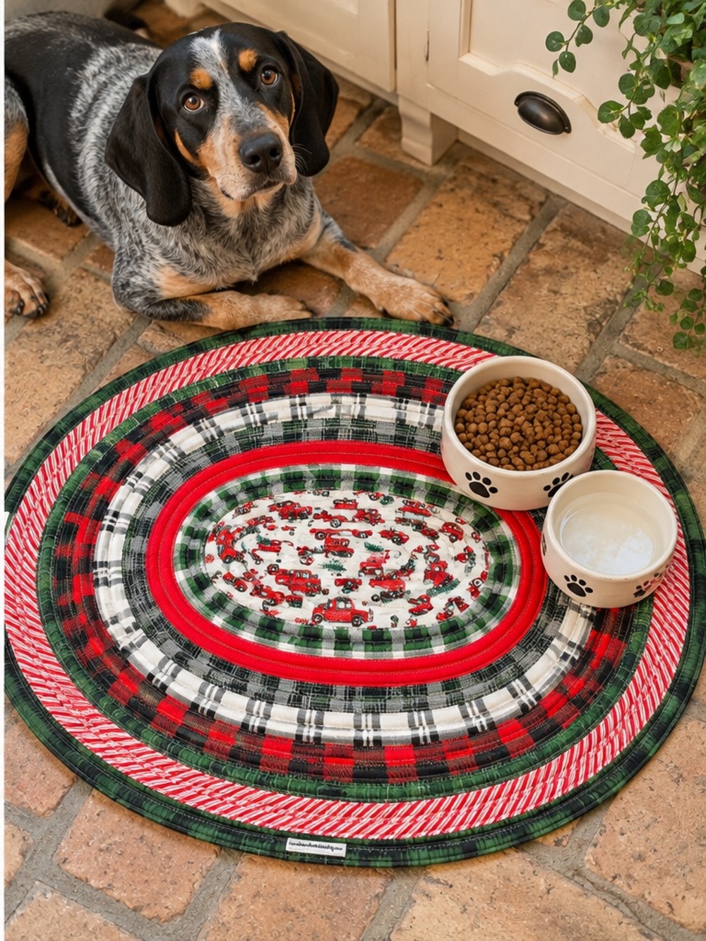 Handmade Christmas Pet Placemat, Jelly Roll Rug Bowl Mat (26x24 Inch)